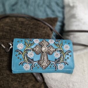 Turquoise Embroidered Cross Wallet Purse By Justin West. NWOT